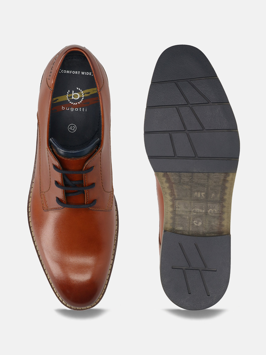 Men's Bugatti derby cognac leather shoes with a round toe and plain toe featuring a stacked heel , a tpr outsole , and laces fastening.