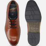 Men's Bugatti derby cognac leather shoes with a round toe and plain toe featuring a stacked heel , a tpr outsole , and laces fastening.