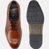 Men's Bugatti derby cognac leather shoes with a round toe and plain toe featuring a stacked heel , a tpr outsole , and laces fastening.