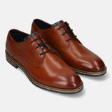Men's Bugatti derby cognac leather shoes with a round toe and plain toe featuring a stacked heel , a tpr outsole , and laces fastening.