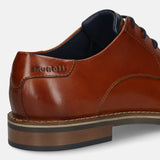 Men's Bugatti derby cognac leather shoes with a round toe and plain toe featuring a stacked heel , a tpr outsole , and laces fastening.