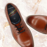 Men's Bugatti derby cognac leather shoes with a round toe and plain toe featuring a stacked heel , a tpr outsole , and laces fastening.