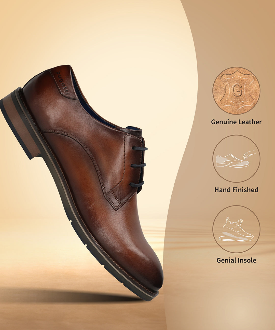 Men's Bugatti derby cognac leather shoes with a round toe and plain toe featuring a stacked heel , a tpr outsole , and laces fastening.
