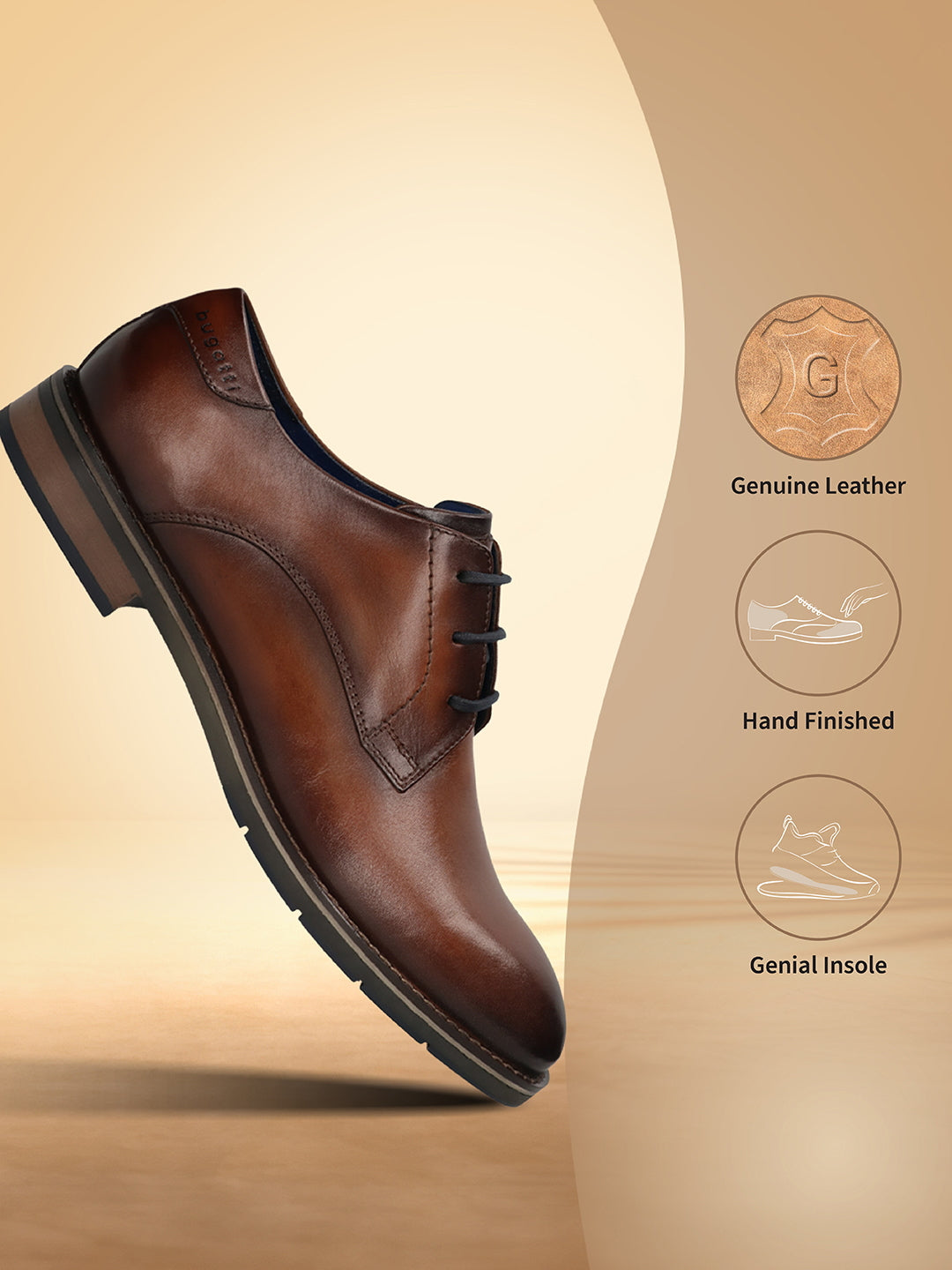 Men's Bugatti derby cognac leather shoes with a round toe and plain toe featuring a stacked heel , a tpr outsole , and laces fastening.