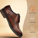 Men's Bugatti derby cognac leather shoes with a round toe and plain toe featuring a stacked heel , a tpr outsole , and laces fastening.
