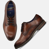 Men's Bugatti derby cognac leather shoes with a round toe and plain toe featuring a stacked heel , a tpr outsole , and laces fastening.