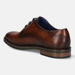 Men's Bugatti derby cognac leather shoes with a round toe and plain toe featuring a stacked heel , a tpr outsole , and laces fastening.