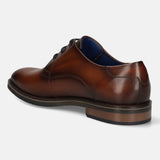Men's Bugatti derby cognac leather shoes with a round toe and plain toe featuring a stacked heel , a tpr outsole , and laces fastening.