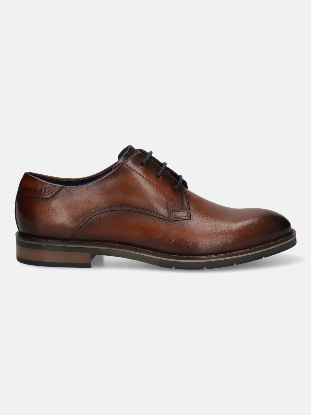 Men's Bugatti derby cognac leather shoes with a round toe and plain toe featuring a stacked heel , a tpr outsole , and laces fastening.