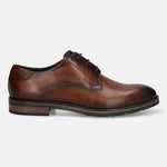 Men's Bugatti derby cognac leather shoes with a round toe and plain toe featuring a stacked heel , a tpr outsole , and laces fastening.