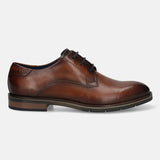 Men's Bugatti derby cognac leather shoes with a round toe and plain toe featuring a stacked heel , a tpr outsole , and laces fastening.