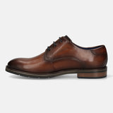Men's Bugatti derby cognac leather shoes with a round toe and plain toe featuring a stacked heel , a tpr outsole , and laces fastening.