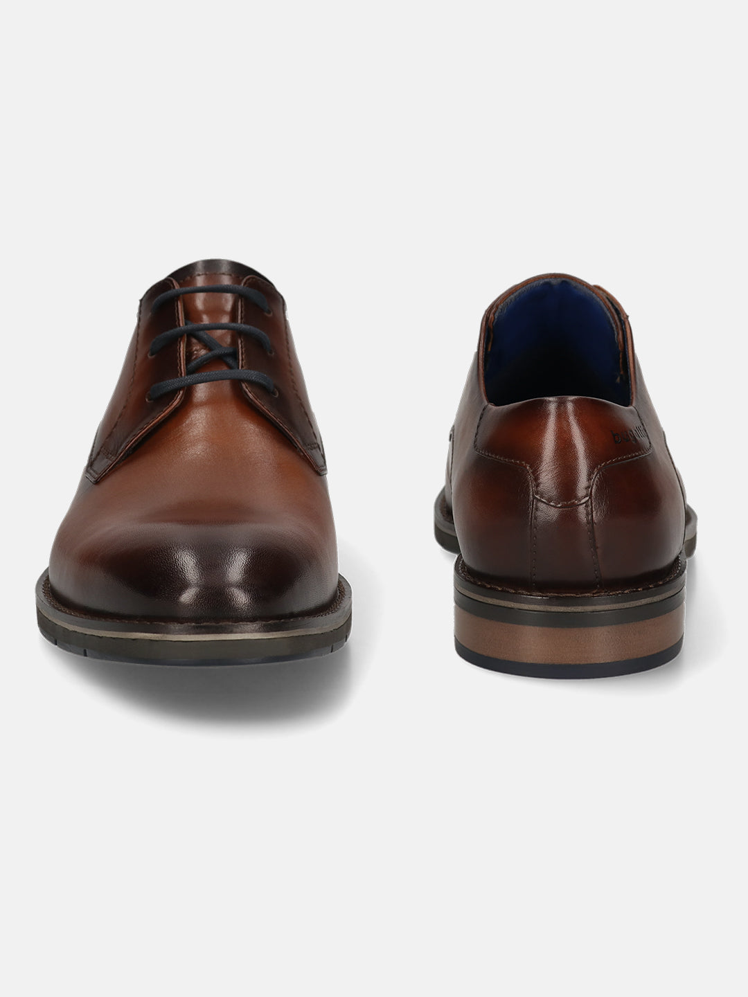 Men's Bugatti derby cognac leather shoes with a round toe and plain toe featuring a stacked heel , a tpr outsole , and laces fastening.