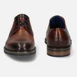 Men's Bugatti derby cognac leather shoes with a round toe and plain toe featuring a stacked heel , a tpr outsole , and laces fastening.