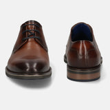 Men's Bugatti derby cognac leather shoes with a round toe and plain toe featuring a stacked heel , a tpr outsole , and laces fastening.