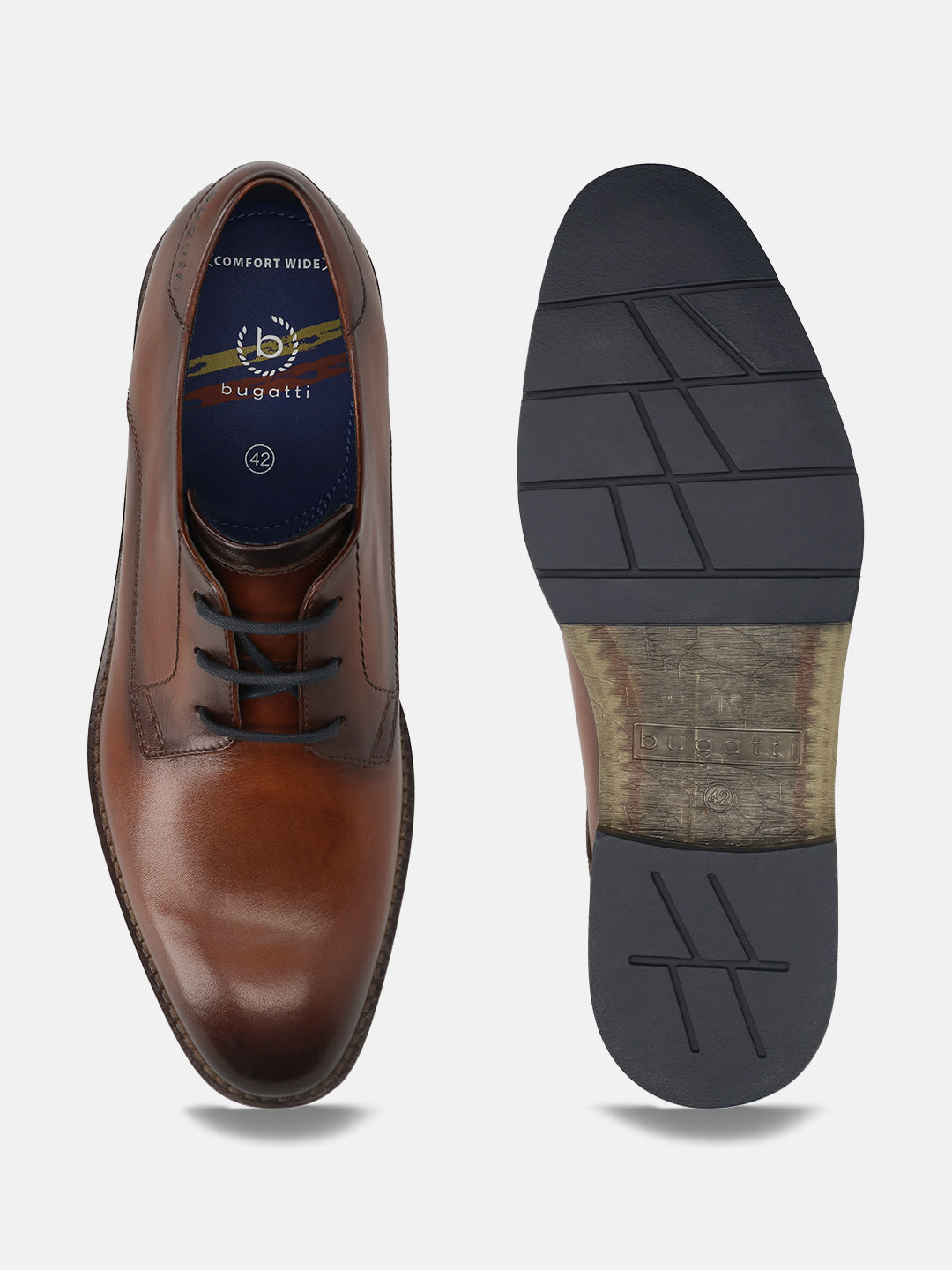 Men's Bugatti derby cognac leather shoes with a round toe and plain toe featuring a stacked heel , a tpr outsole , and laces fastening.