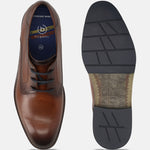 Men's Bugatti derby cognac leather shoes with a round toe and plain toe featuring a stacked heel , a tpr outsole , and laces fastening.