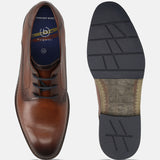 Men's Bugatti derby cognac leather shoes with a round toe and plain toe featuring a stacked heel , a tpr outsole , and laces fastening.