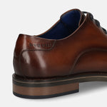 Men's Bugatti derby cognac leather shoes with a round toe and plain toe featuring a stacked heel , a tpr outsole , and laces fastening.