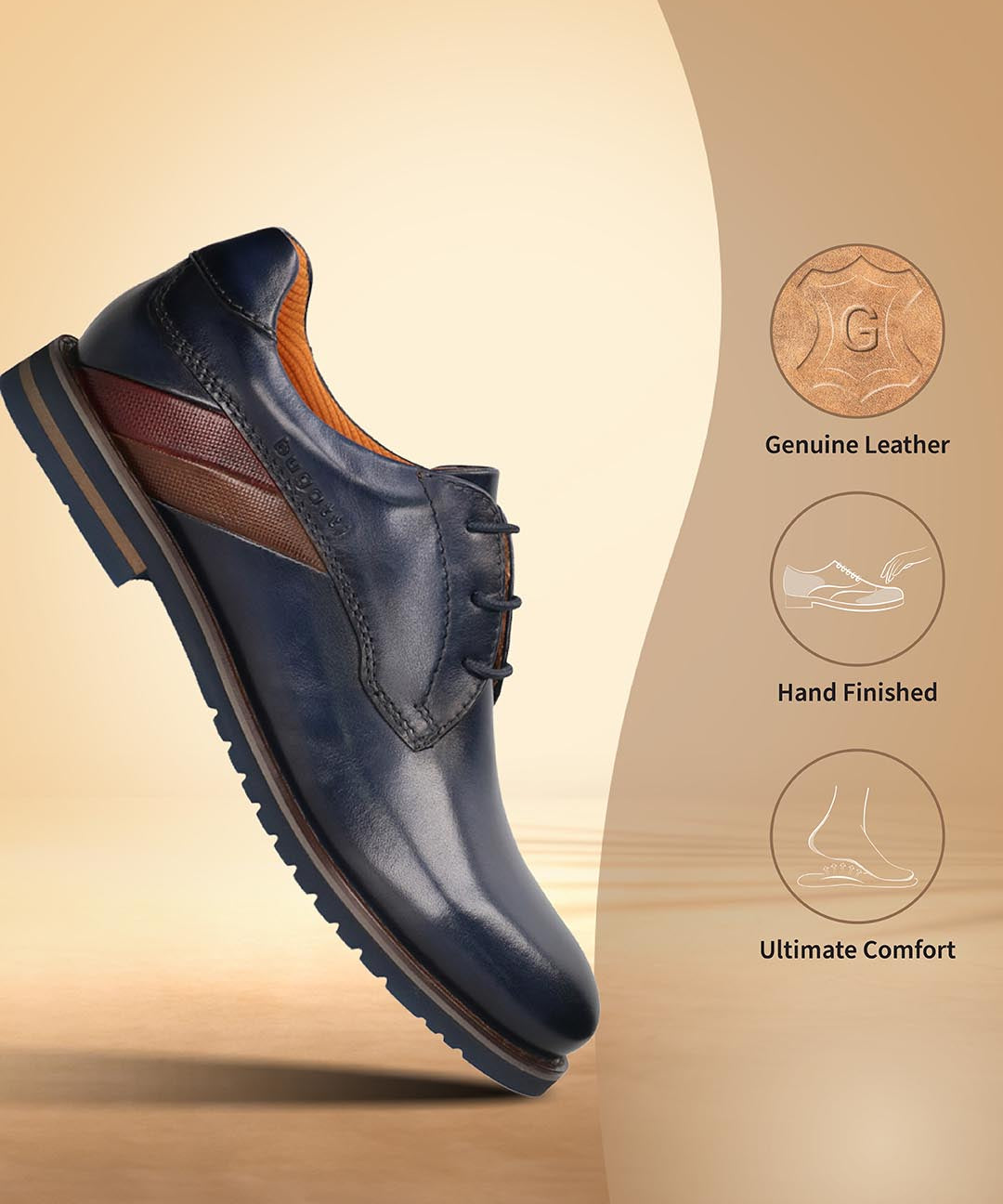 Men's Bugatti derby blue leather shoes with a round toe and plain toe featuring a stacked heel , a eva outsole , and laces fastening.