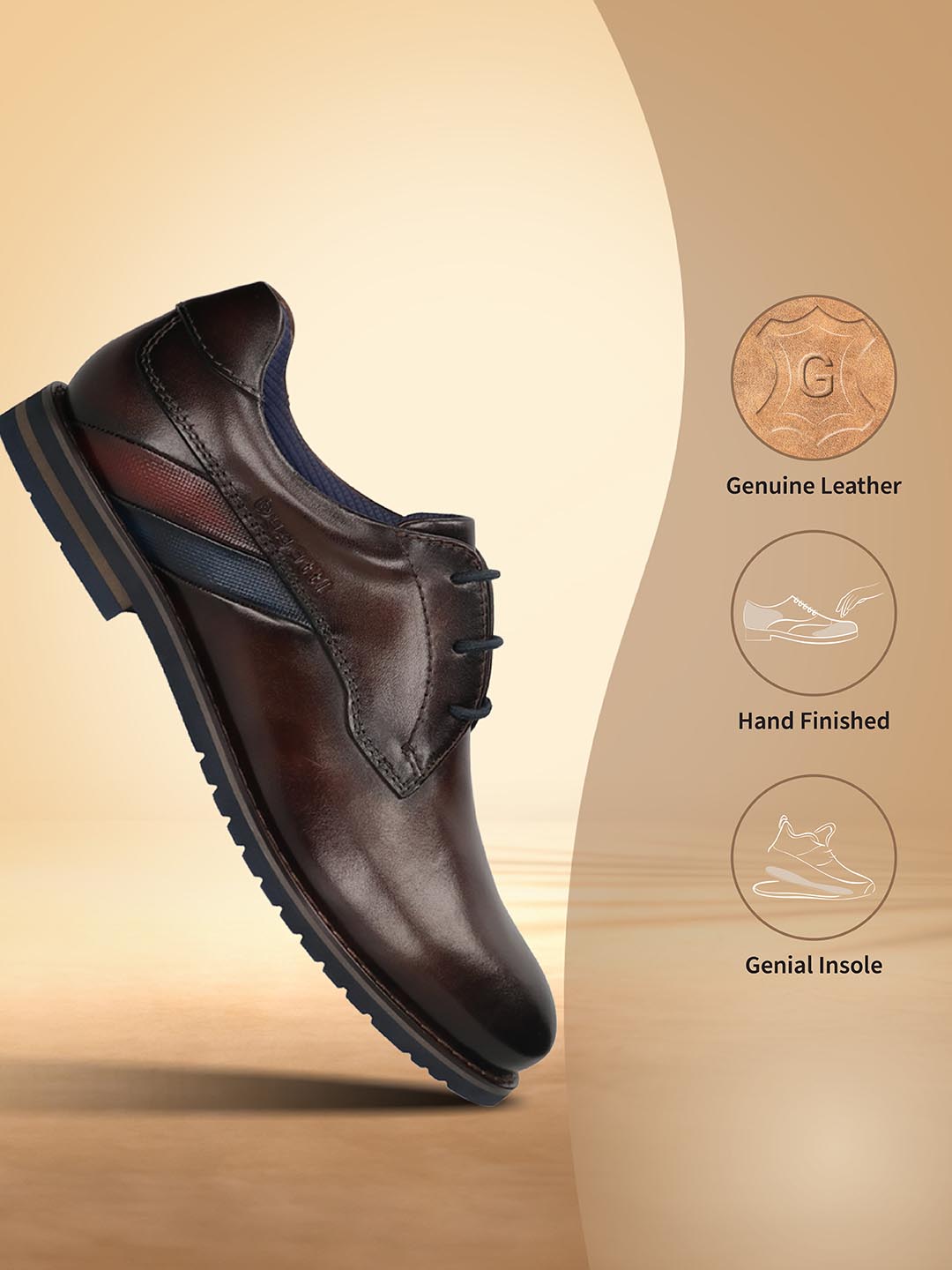 Men's Bugatti derby brown leather shoes with a round toe and plain toe featuring a stacked heel , a eva outsole , and laces fastening.