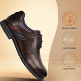 Men's Bugatti derby brown leather shoes with a round toe and plain toe featuring a stacked heel , a eva outsole , and laces fastening.