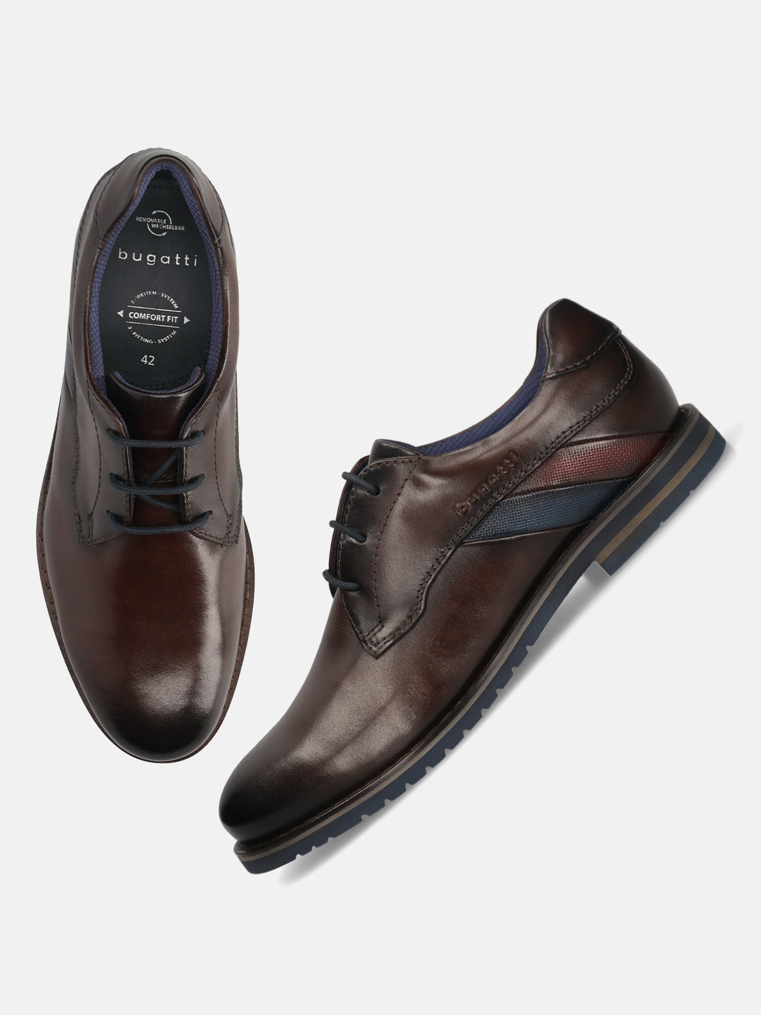Men's Bugatti derby brown leather shoes with a round toe and plain toe featuring a stacked heel , a eva outsole , and laces fastening.