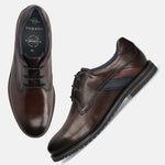 Men's Bugatti derby brown leather shoes with a round toe and plain toe featuring a stacked heel , a eva outsole , and laces fastening.