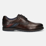Men's Bugatti derby brown leather shoes with a round toe and plain toe featuring a stacked heel , a eva outsole , and laces fastening.