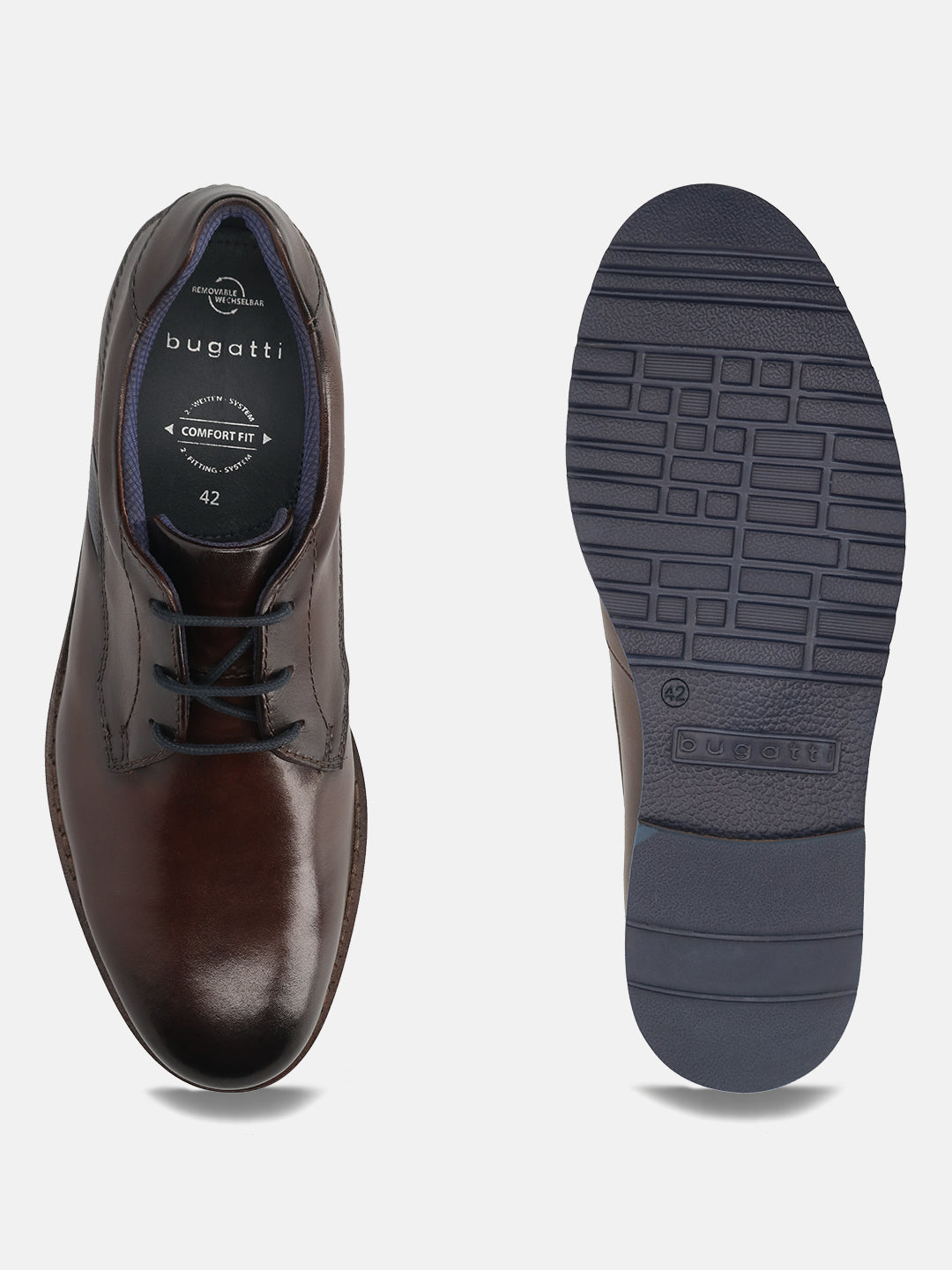 Men's Bugatti derby brown leather shoes with a round toe and plain toe featuring a stacked heel , a eva outsole , and laces fastening.