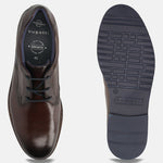 Men's Bugatti derby brown leather shoes with a round toe and plain toe featuring a stacked heel , a eva outsole , and laces fastening.