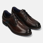 Men's Bugatti derby brown leather shoes with a round toe and plain toe featuring a stacked heel , a eva outsole , and laces fastening.