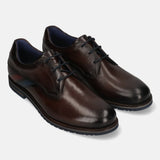 Men's Bugatti derby brown leather shoes with a round toe and plain toe featuring a stacked heel , a eva outsole , and laces fastening.