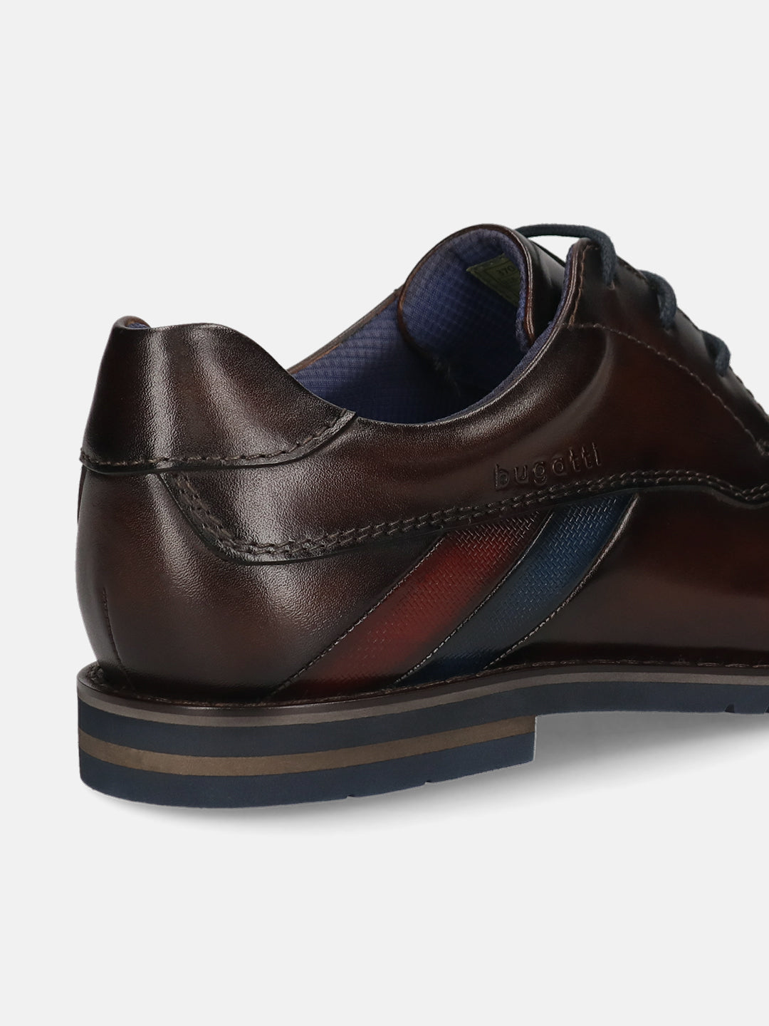 Men's Bugatti derby brown leather shoes with a round toe and plain toe featuring a stacked heel , a eva outsole , and laces fastening.