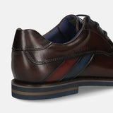 Men's Bugatti derby brown leather shoes with a round toe and plain toe featuring a stacked heel , a eva outsole , and laces fastening.
