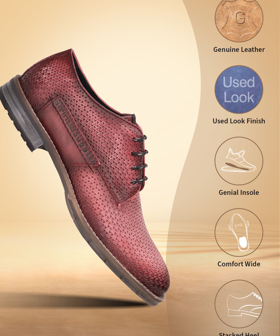 Red premium leather derby shoe by bugatti, featuring a geometric triangle pattern and a stacked heel.