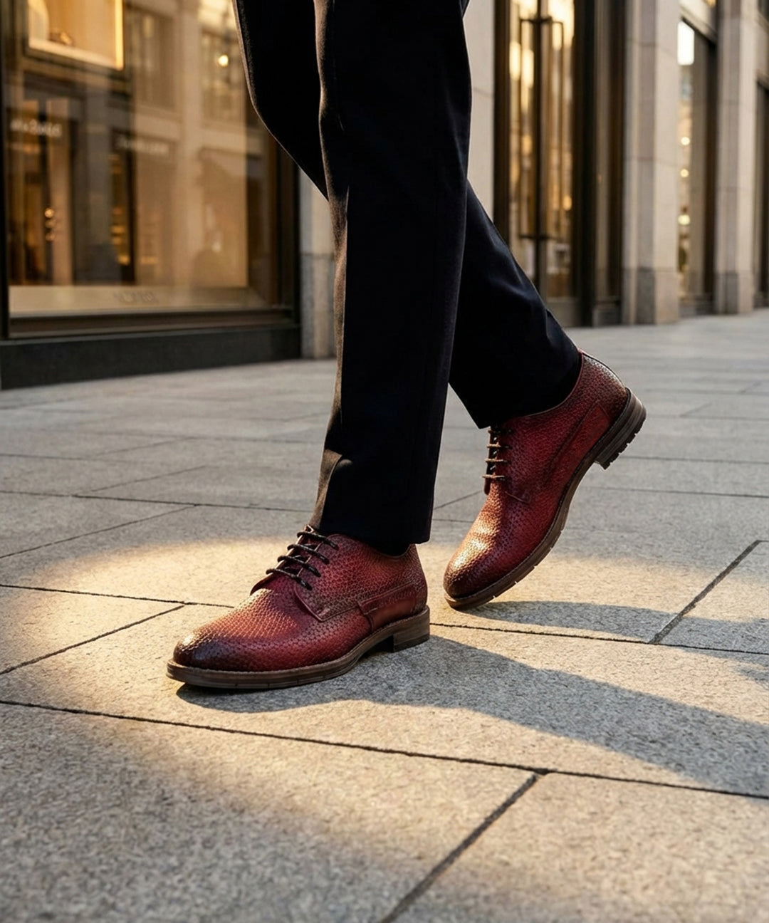 bugatti Ben Comfort Red Premium Leather Comfort Derby Formal shoes, with dark laces, paired with black dress pants.
