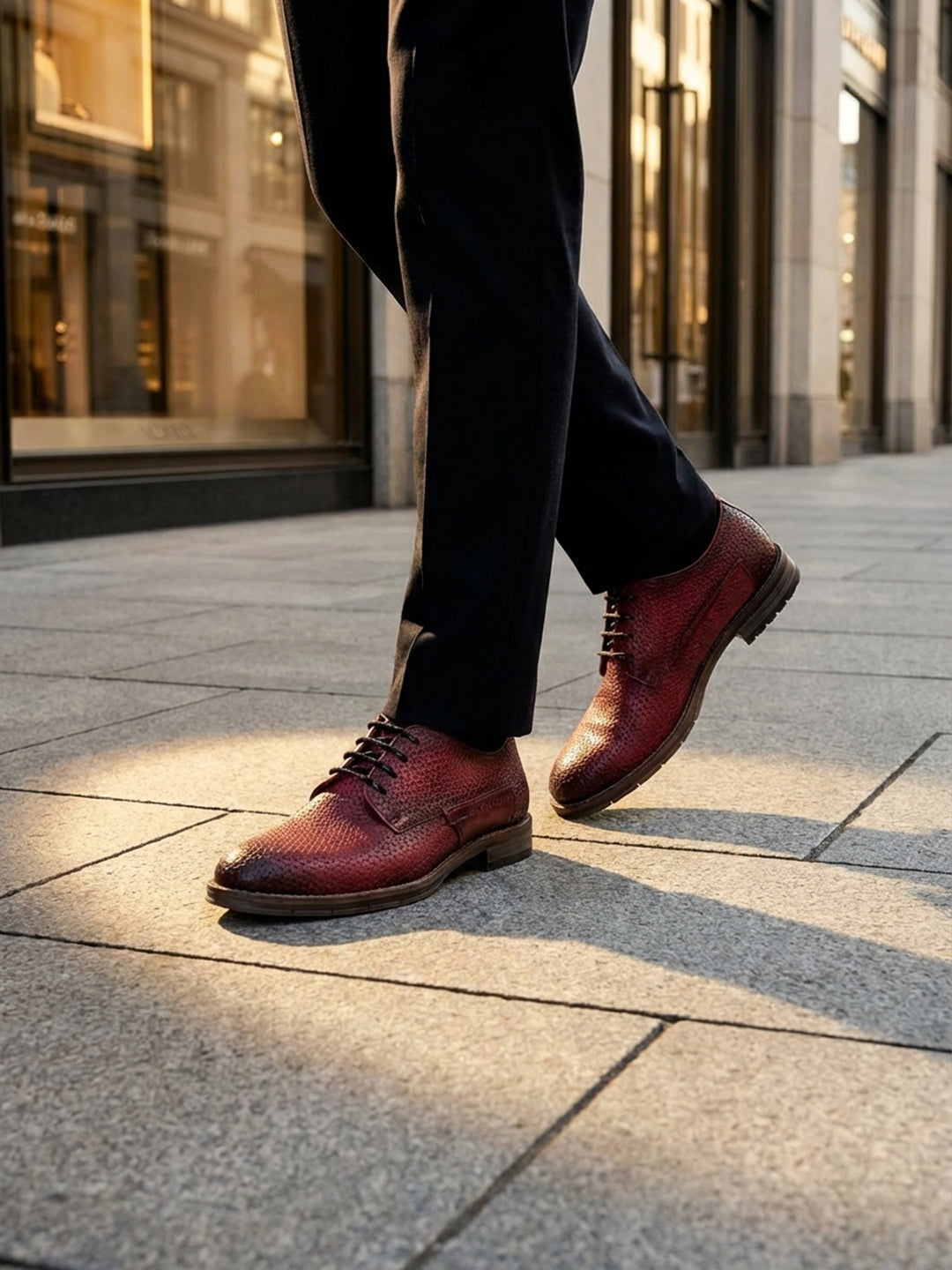 bugatti Ben Comfort Red Premium Leather Comfort Derby Formal shoes, with dark laces, paired with black dress pants.
