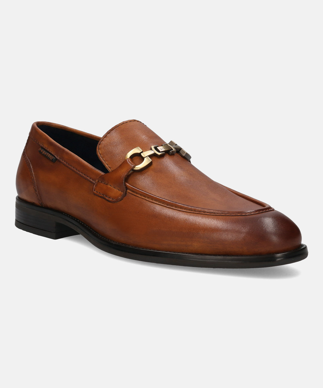 A cognac Men's bugatti Bit Loafer featuring a round apron toe, stacked heel. Made from premium genuine leather with a durable tpr outsole, this slip-on design offers both style and comfort.