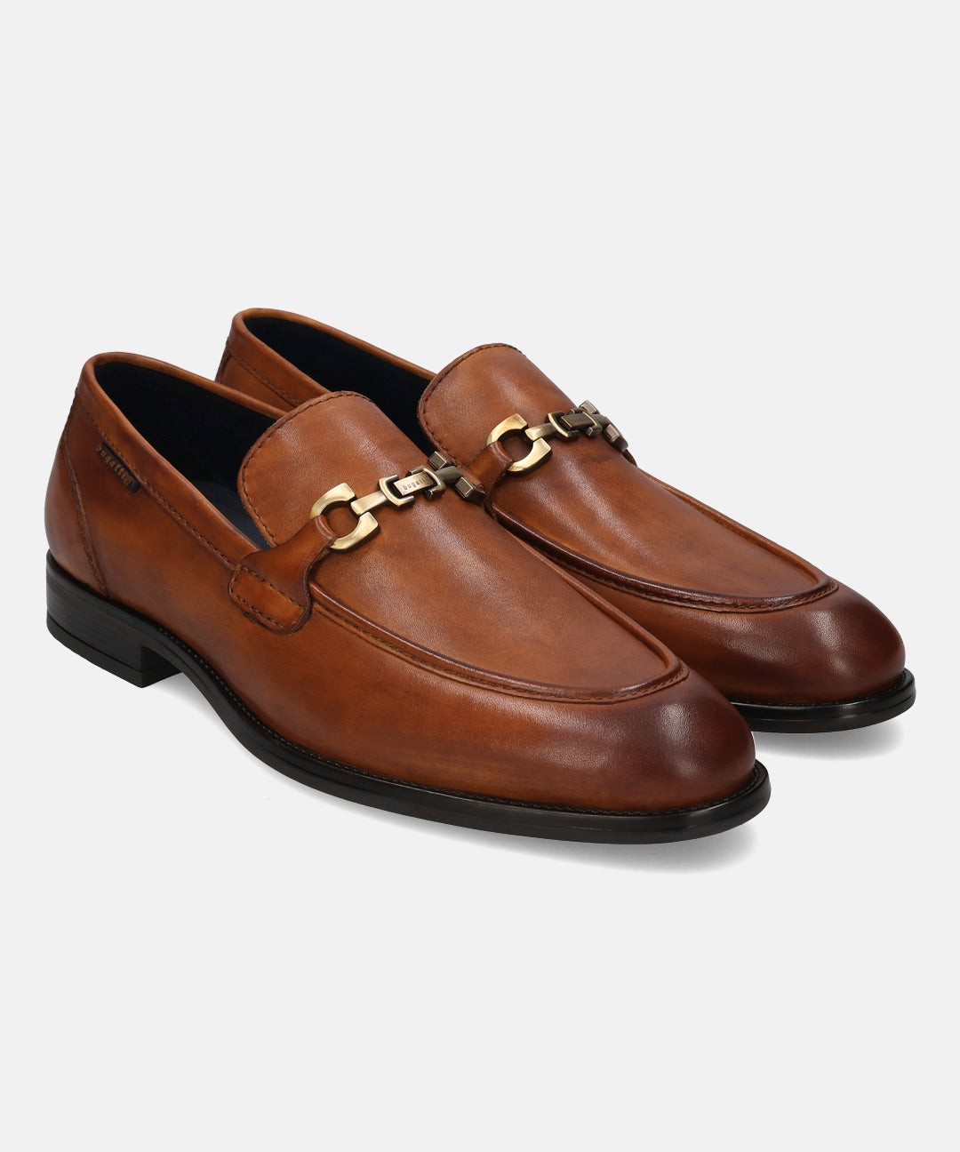 A cognac Men's bugatti Bit Loafer featuring a round apron toe, stacked heel. Made from premium genuine leather with a durable tpr outsole, this slip-on design offers both style and comfort.