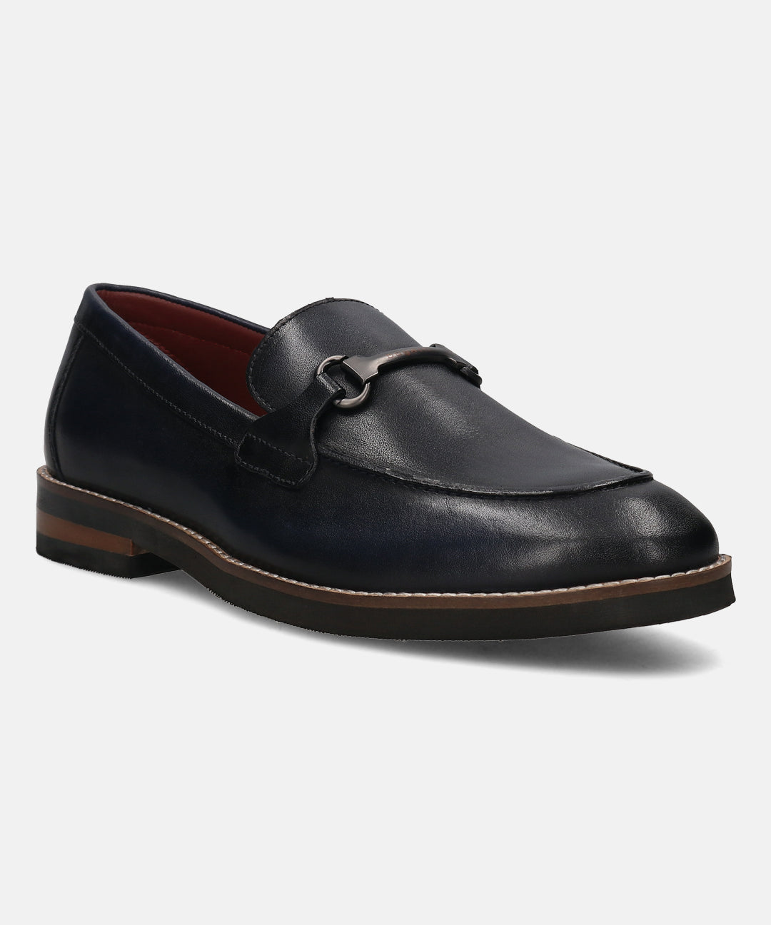 A blue Men's bugatti Bit Loafer featuring a round toe apron toe, stacked heel. Made from premium genuine leather with a durable eva outsole, this slip-on design offers both style and comfort.