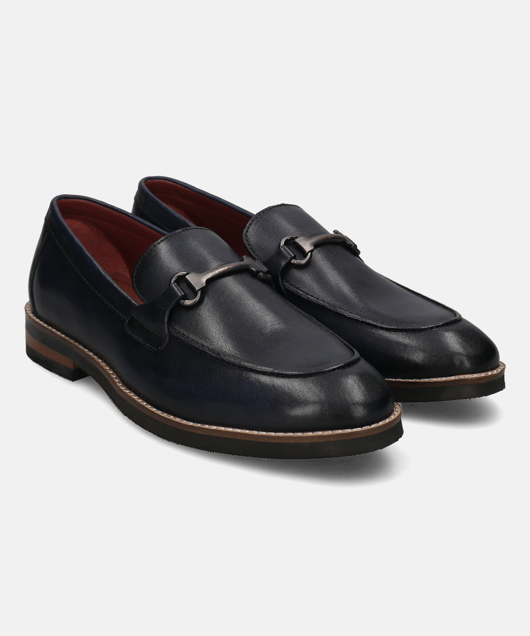 A blue Men's bugatti Bit Loafer featuring a round toe apron toe, stacked heel. Made from premium genuine leather with a durable eva outsole, this slip-on design offers both style and comfort.