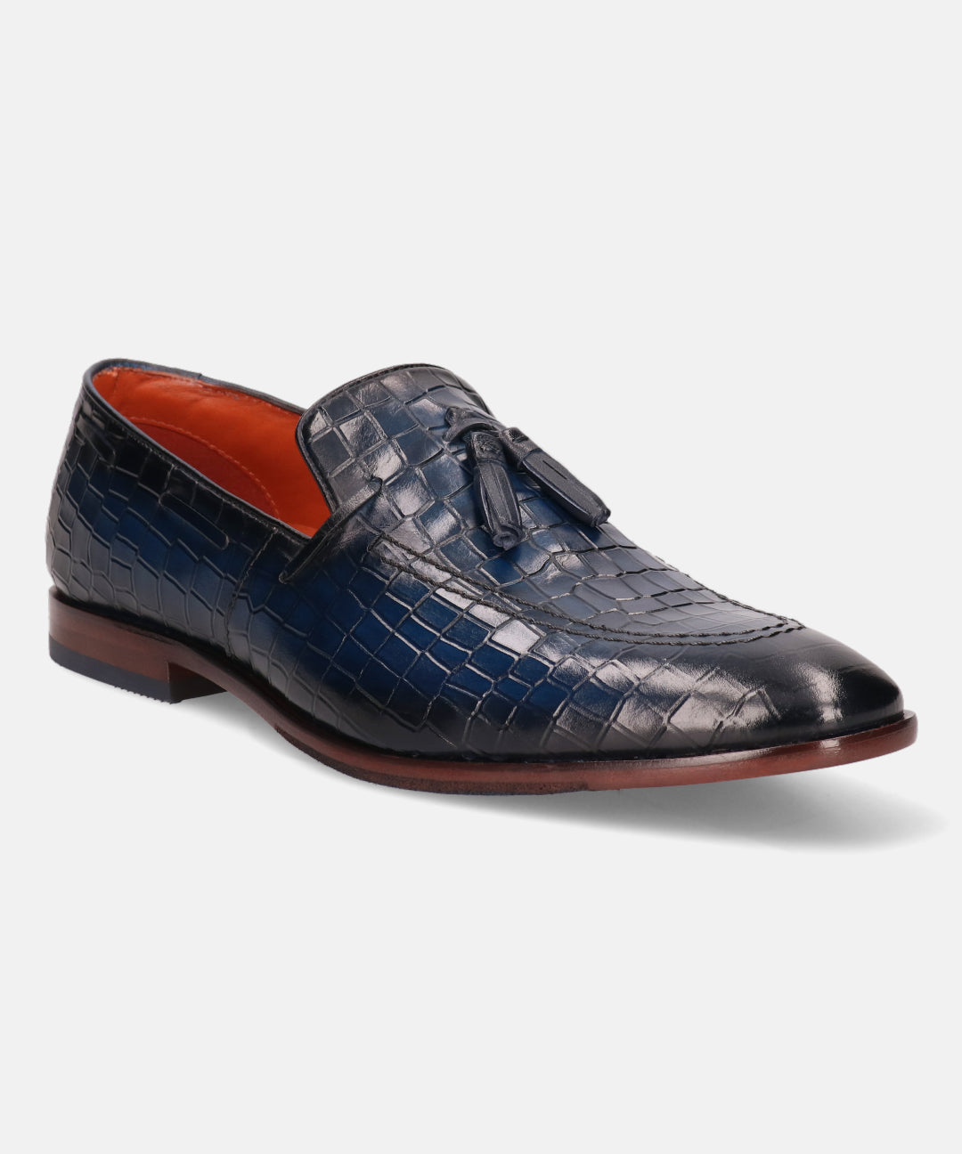 A blue Men's bugatti Tassel Loafers featuring a round toe plain toe, stacked heel. Made from premium genuine leather with a durable leather outsole, this slip-on design offers both style and comfort.