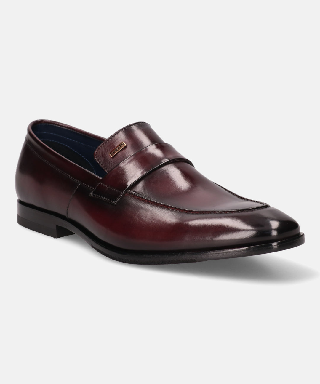 A grey Men's bugatti Penny Loafer featuring a round toe apron toe, stacked heel. Made from premium genuine leather with a durable leather outsole, this slip-on design offers both style and comfort.