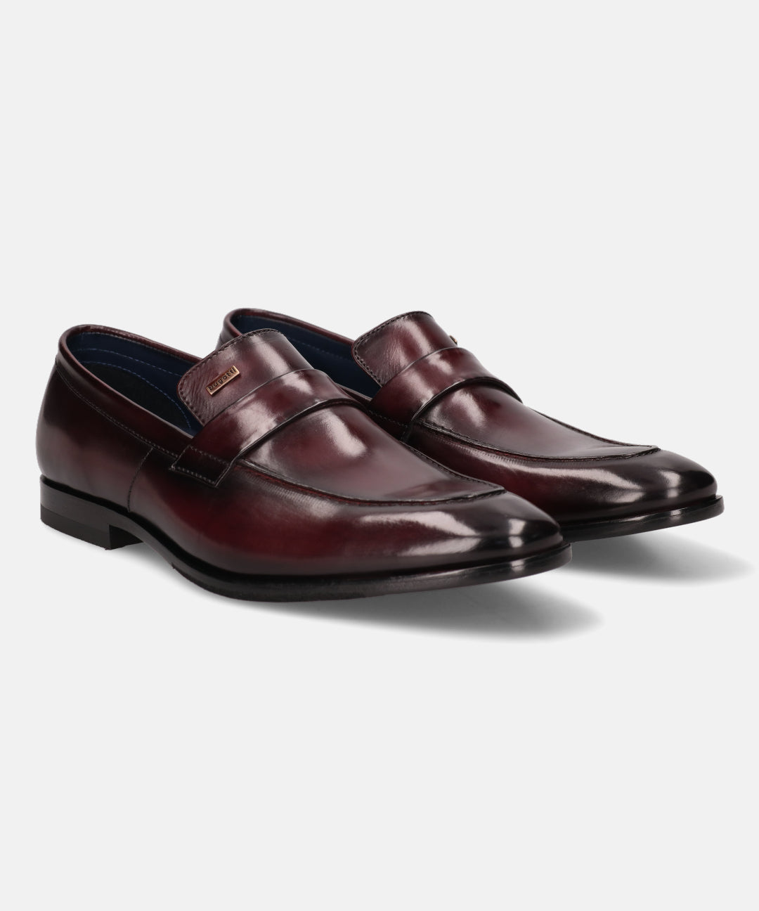 A grey Men's bugatti Penny Loafer featuring a round toe apron toe, stacked heel. Made from premium genuine leather with a durable leather outsole, this slip-on design offers both style and comfort.