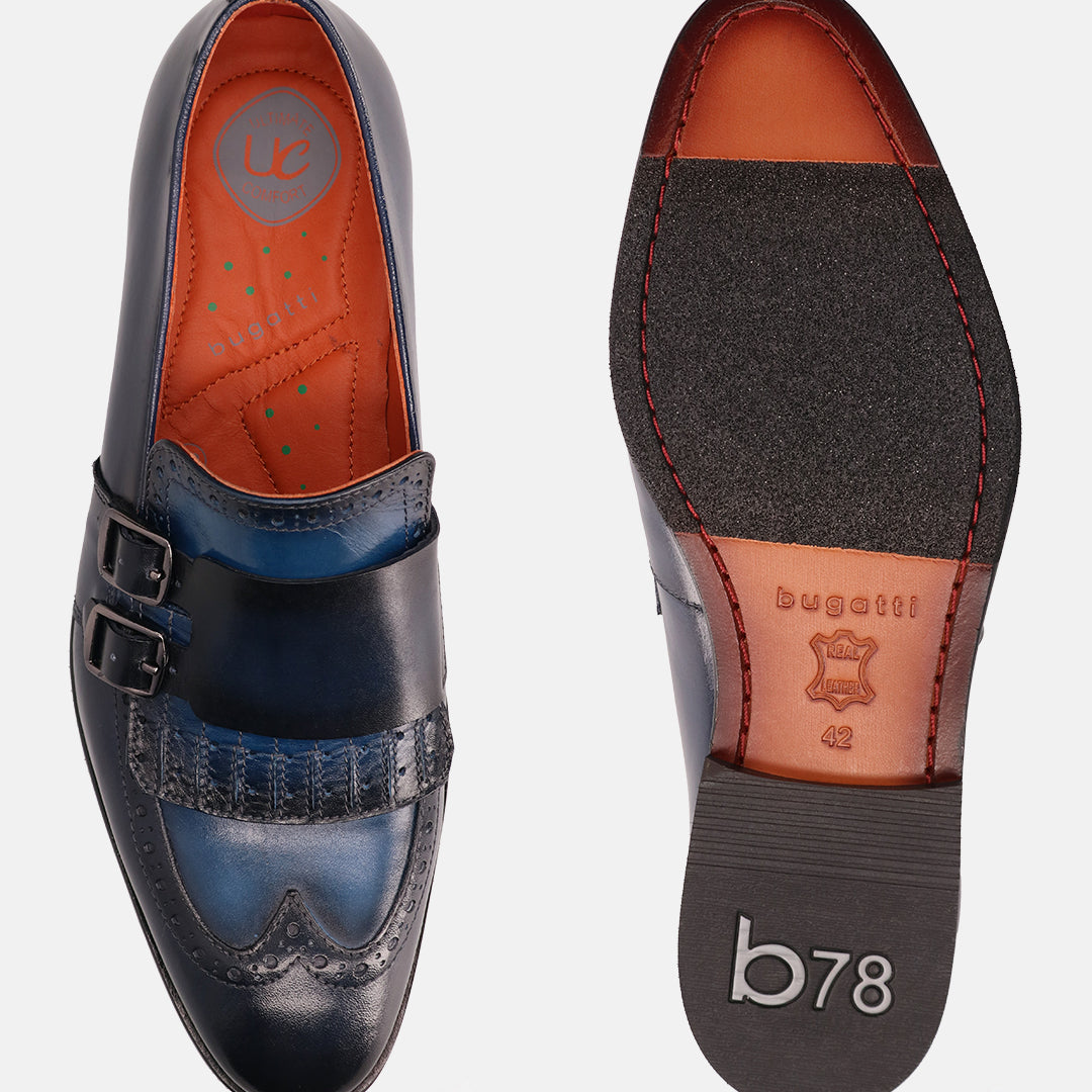 A blue Men's bugatti Kiltie Loafer featuring a round toe wingcap, stacked heel. Made from premium genuine leather with a durable leather outsole, this buckle design offers both style and comfort.