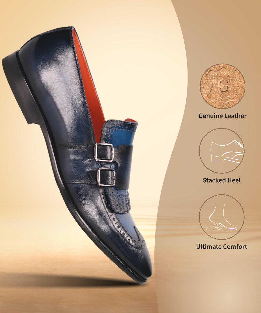 bugatti Rico dark blue leather slip-on shoe with double monk strap and orange lining.
