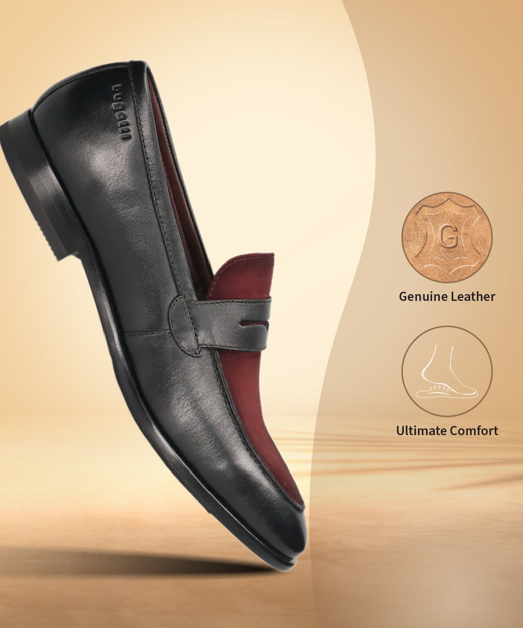 A black Men's bugatti Penny Loafer featuring a round toe apron toe, stacked heel. Made from premium genuine leather with a durable leather outsole, this slip-on design offers both style and comfort.