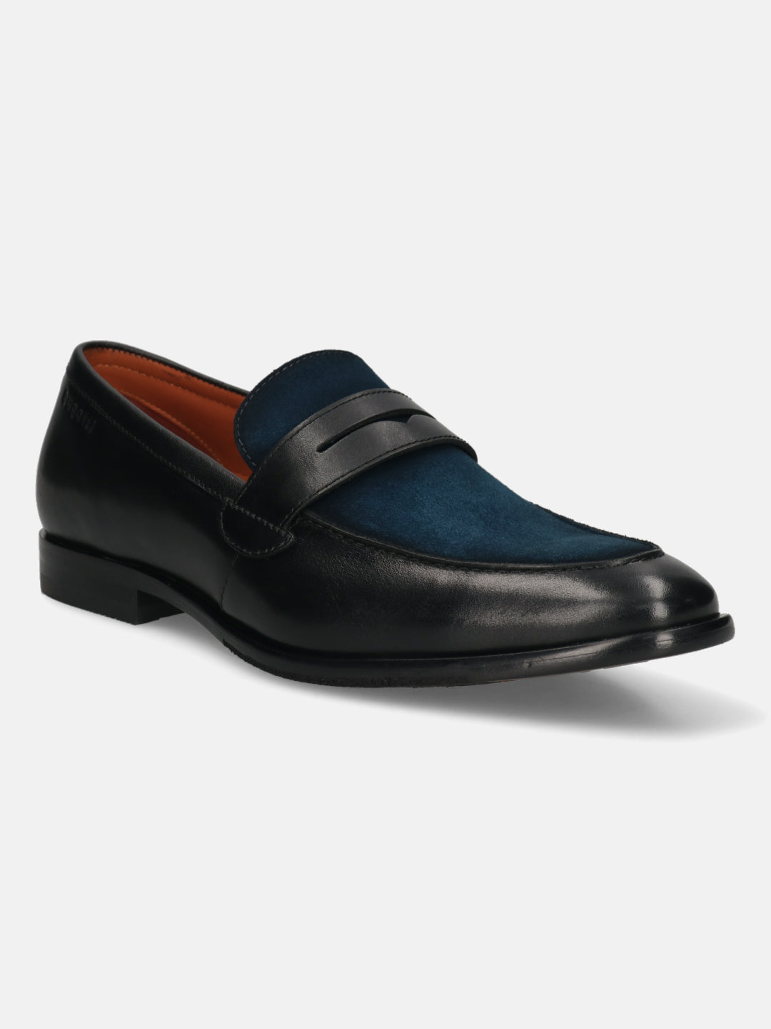 Men's Bugatti penny loafer black leather shoes with a round toe and apron toe featuring a stacked heel , a leather outsole.