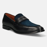 Men's Bugatti penny loafer black leather shoes with a round toe and apron toe featuring a stacked heel , a leather outsole.
